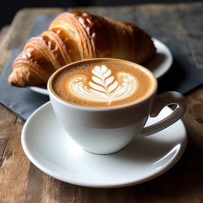 Un cappuccino con un diseño de flor y un croissant al fondo