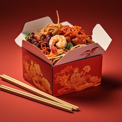 Una caja roja con diseños orientales y con comida china en ella, sobre un fondo rojo.