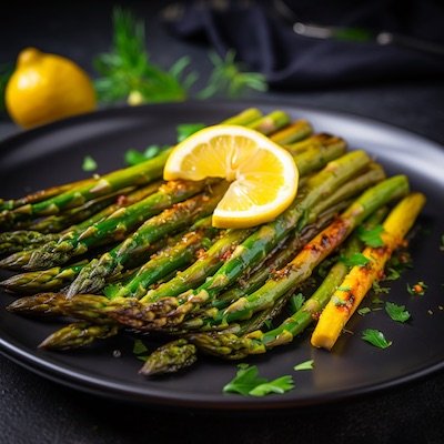 Un plato vegano de espárragos cocidos a la plancha con limon.