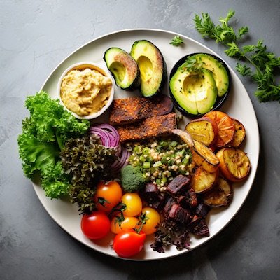 Ensalada vegetariana con platas, tomates, y otras verduras visto desde arriba