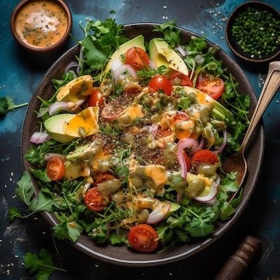 Vista de arriba de una ensalada de verdes, palta tomate y otros