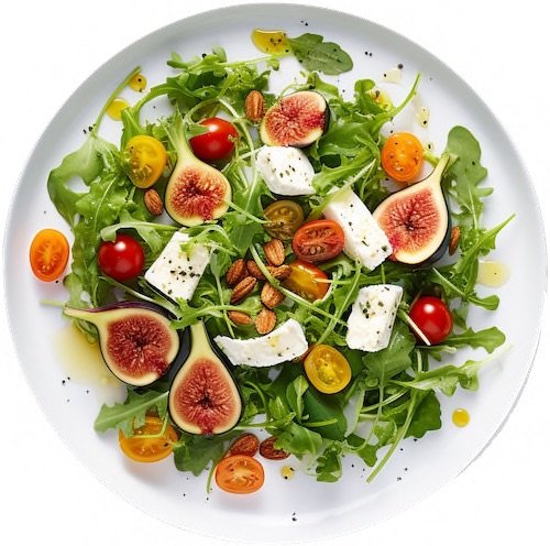 Ensalada de higos, quesos, tomates y verduras