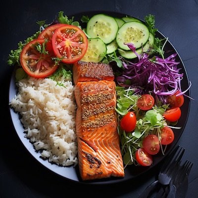 Una ensalada Gluten free con salmon, lechuga, tomate, repollo, pepino y arroz