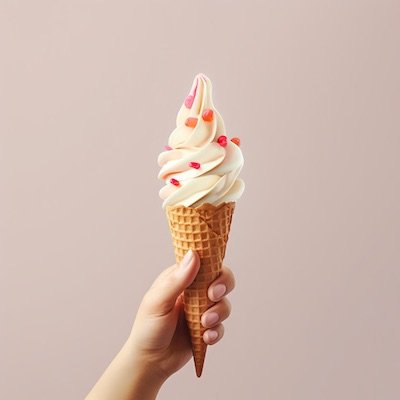 Una mano sosteniendo un helado cucurucho de crema con fresas