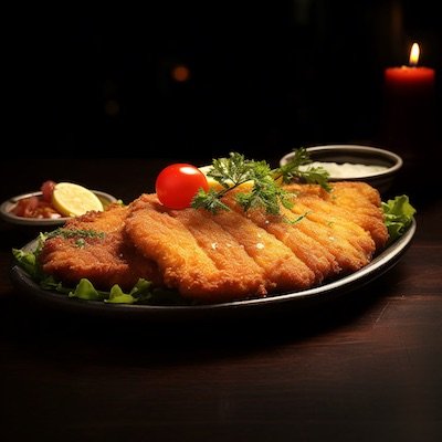 Una milanesa levemente marinada con un tomate sobre ella y alioli, sobre una mesa con fondo oscuro