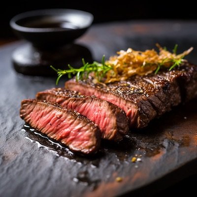 Pieza de carne cortada en laminas en su punto sobre un plato oscuro