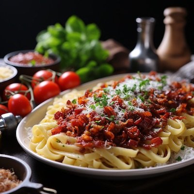 Un plato de tallarines o fetuccini con salsa boloñesa, con tomates y albahaca en el fondo