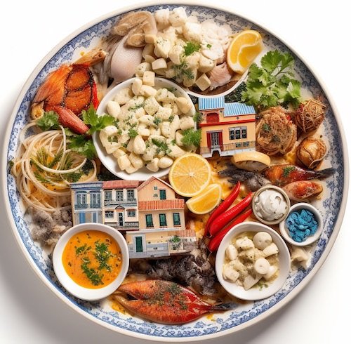 Vista superior de un plato con casas y elementos típicos de Maldonado. Principalmente su gastronomía