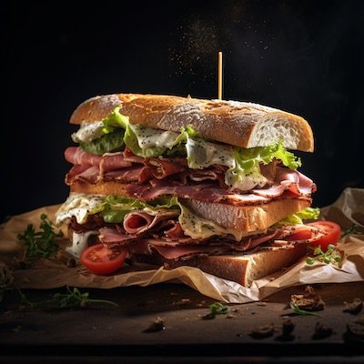 Un sandwich o refuerzo de jamon crudo, tomate y lechuga en pan de campo