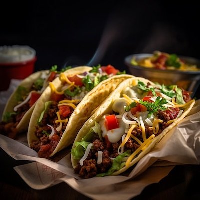 Tres tacos de carne sobre un plato, típica comida mexicana.